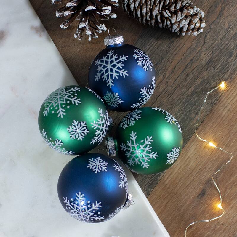 Glittered Snowflakes Glass Christmas Ball Ornaments - 2.5" (67mm) - Blue and Green - 4ct