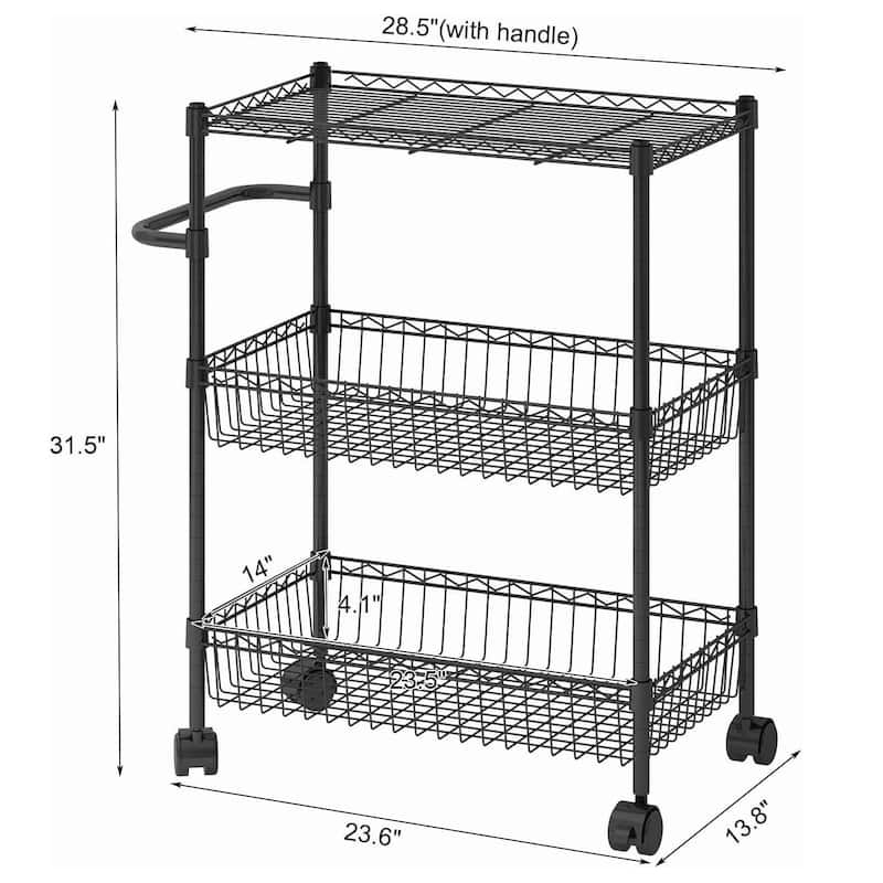 3 Tier Rolling Kitchen Cart with Baskets with Handles for Kitchen Bathroom - N/A