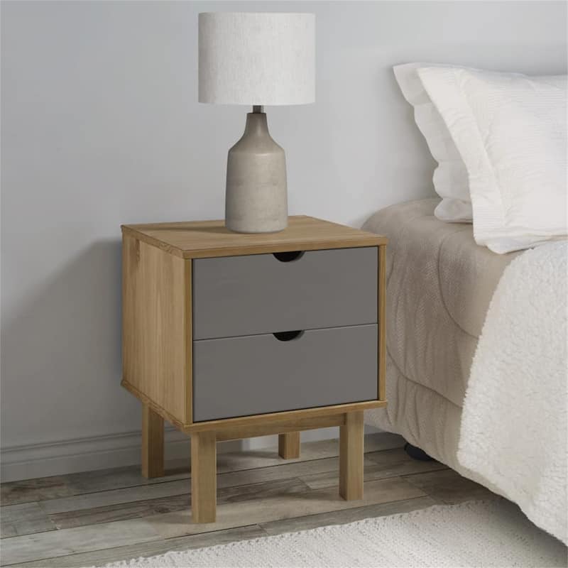 Solid Wood Pine Bedside Cabinet with 2 Drawers - Grey