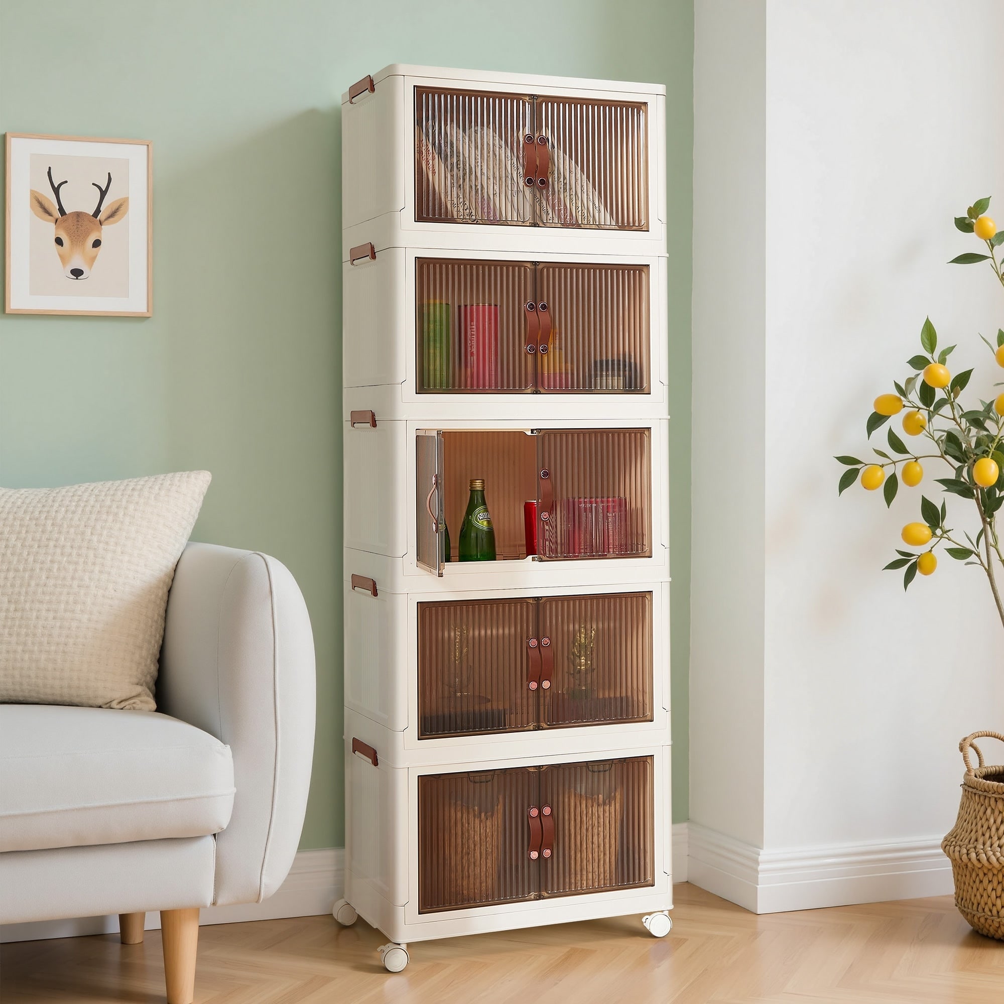 4/5-Tier Stackable PP Plastic Storage Bins with 4 Wheels & Magnetic Doors Multi-purpose Cabinet for Home Kitchen Bathroom