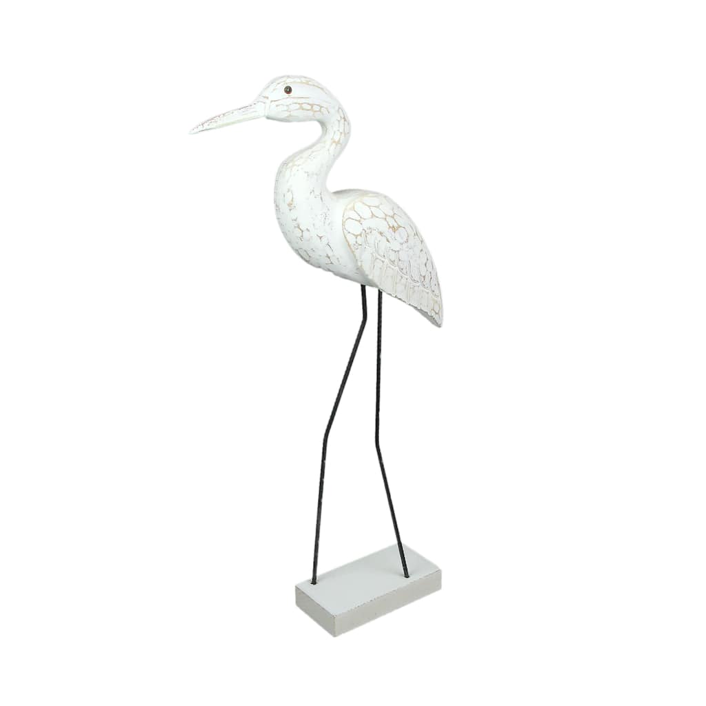 Carved Wood And Metal White Egret Bird Statue 21 Inches High - 21.25 X 9.25 X 2.75 inches