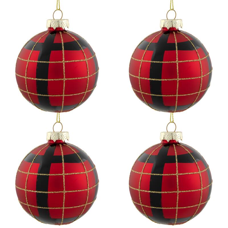 4ct Red, Black and Gold Plaid Glass Ball Christmas Ornaments 3.25"