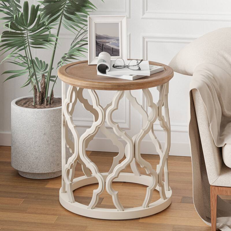 COZAYH Farmhouse End Table, Distressed Tray Top Coffee Table with Curved Motif Frame Base for Boho, Rustic, French Country