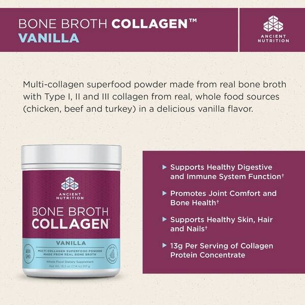 Ancient Nutrition Bone Broth Collagen Vanilla 30 Servings Superfood Type I Ii Iii Collagen Paleo Friendly Overstock 16051266