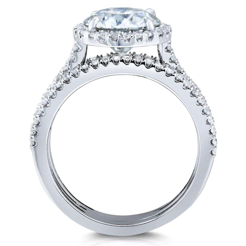 Kobelli 2.4 Carats Moissanite & Natural Diamond 14k Solid Gold Raised Round Halo Half Eternity Bands Capri 3pc Bridal Set
