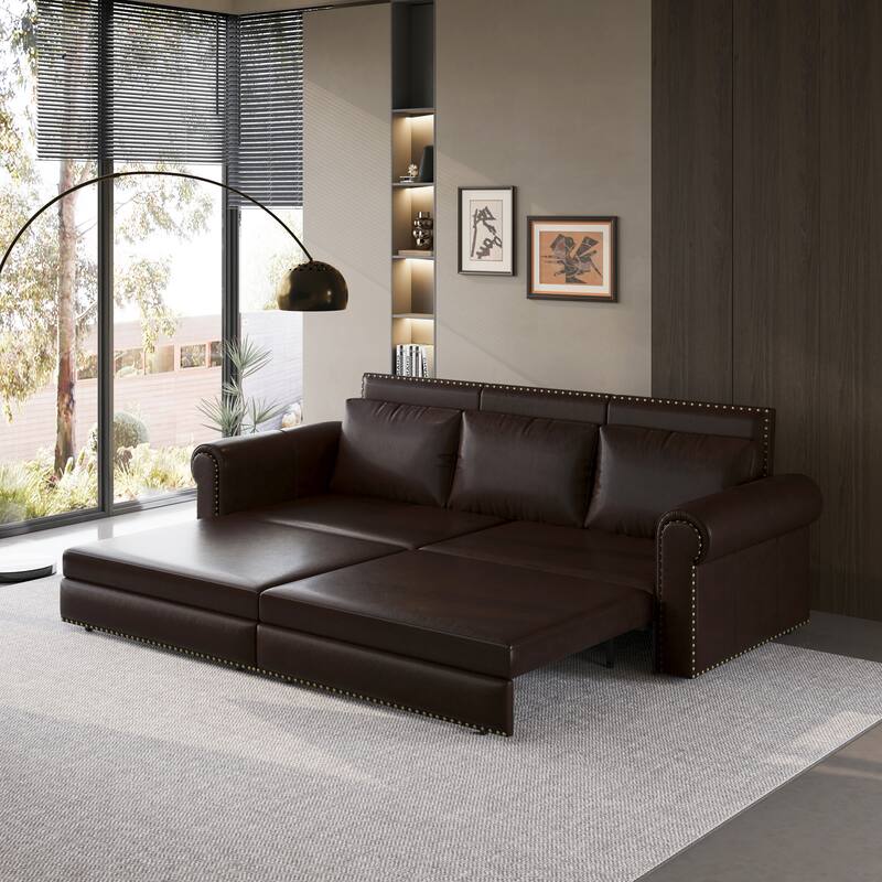 Homy Casa Faux Leather Pull-Out Sofa Bed, 2-in-1 Convert Sleeper Couch