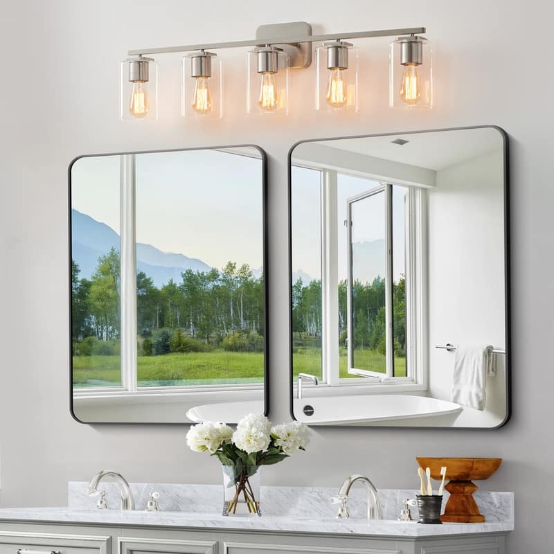 KAWOTI 35.5" 5-Light Clemmon Vanity Light with Square Glass Shade - nickel