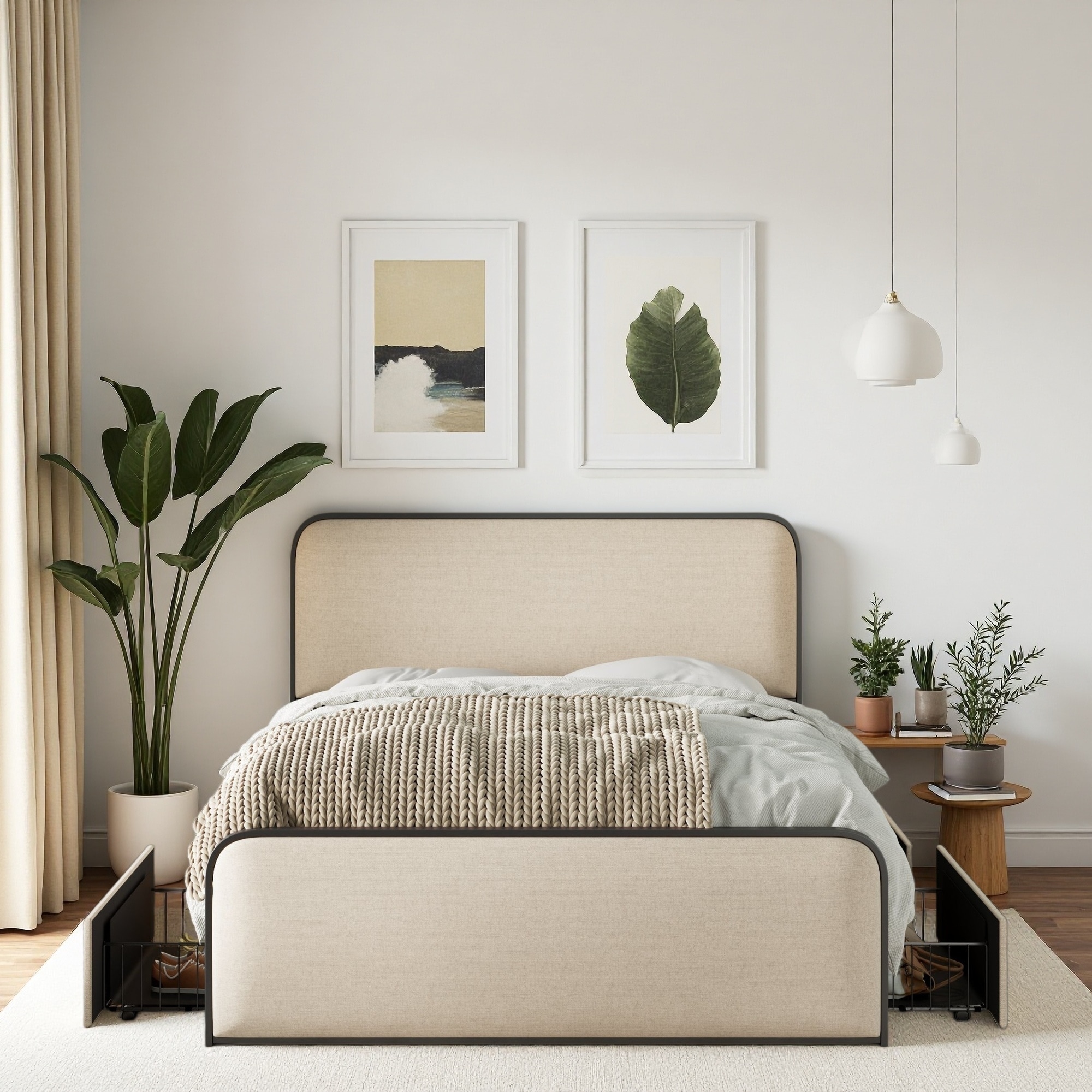 Metal Platform Bed Frame with Curved Upholstered Headboard, Footboard, and 4 Storage Drawers