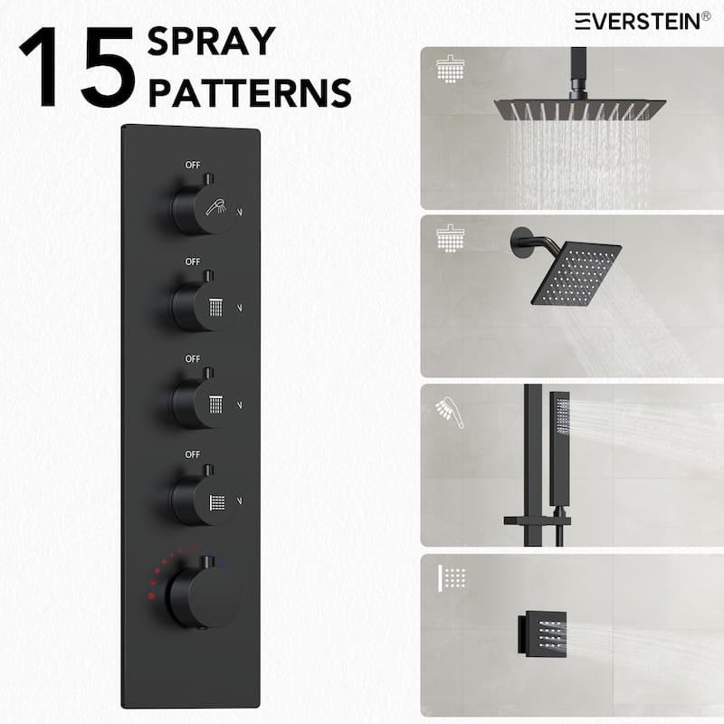 Thermostatic Rainfall Shower System with Handheld Spray, 16" & 6" Dual Shower Head and 6 Body Jets