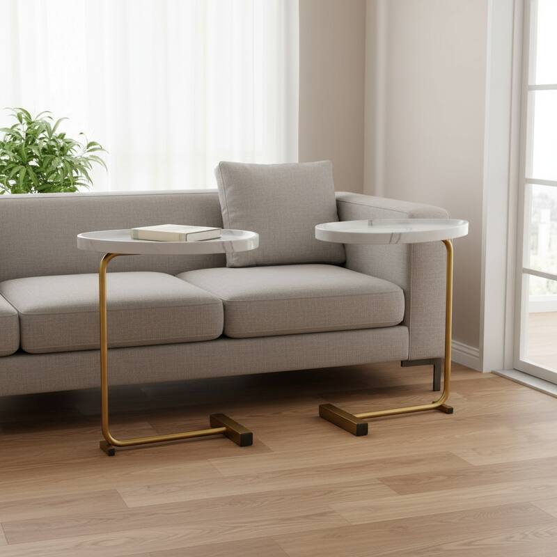 HomeRoots 24" White and Gold Faux Marble and Metal Oval End Table - 11.80 in. x 23.62 in. x 17.72 in.