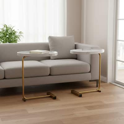 HomeRoots Set of Two White and Gold Faux Marble and Metal Oval End Tables - 11.80 in. x 23.62 in. x 17.72 in.