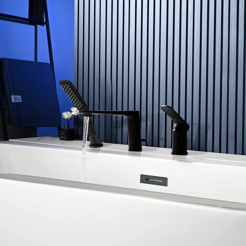Single Handle Deck Mounted Roman Tub Faucet with Pull-Out Handheld Shower in Matte Black - Matte Black