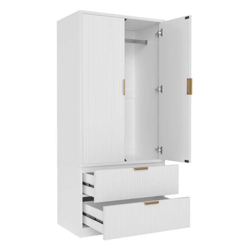 Meyreso Fluted Armoire Wardrobe Closet Storage Cabinet with 2 Doors & 2 Drawers - N/A