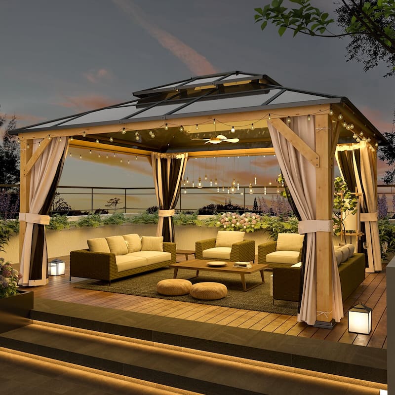 EROMMY Outdoor Wood Gazebo with Double Polycarbonate Roof, Heavy Duty Backyard Patio Pergola Canopy for Garden Shade