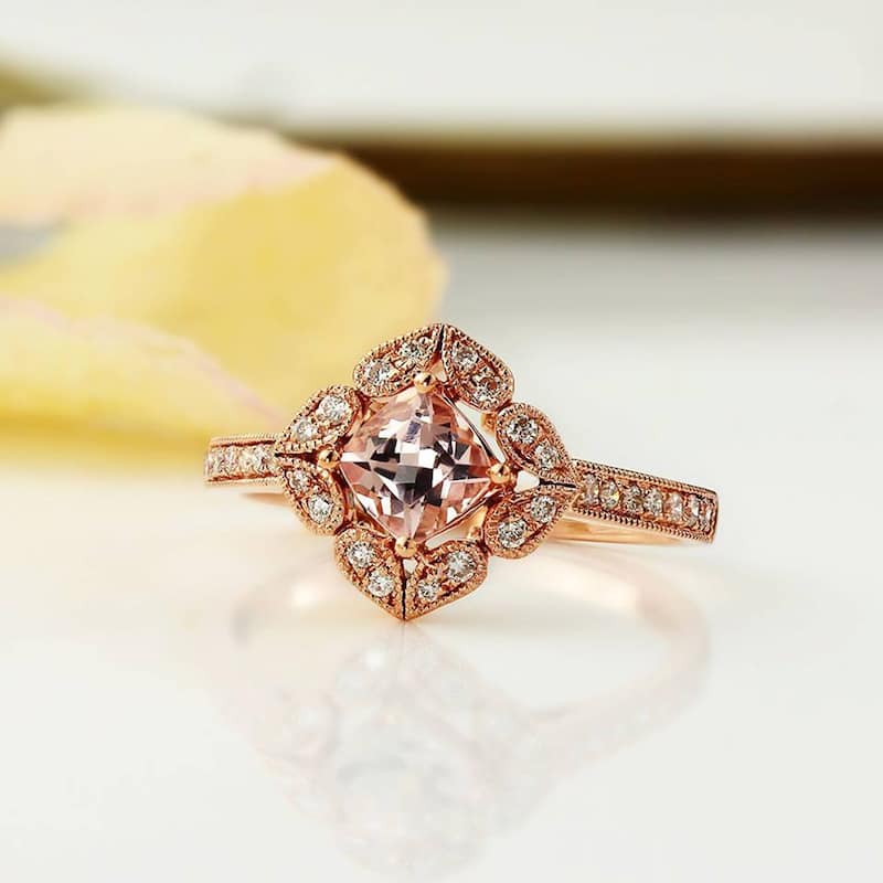 Auriya 10k Rose Gold 3/4ct Cushion Morganite Halo Diamond Engagement Ring 1/5cttw