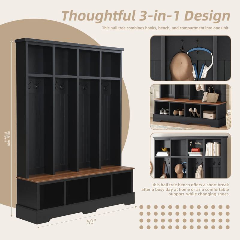 Farmhouse 59"W Wide Hall Tree with 8 Hooks, Practical Entryway Bench with Open Compartments