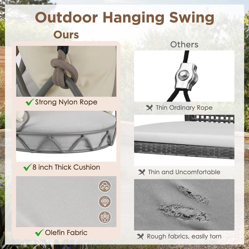 Outdoor porch hanging basket chair with 8-inch thick waterproof cushion