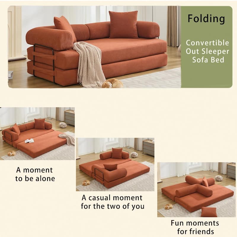 78.5" Folding Convertible Out Sleeper Sofa Bed, 3 Seat, Orange Corduroy