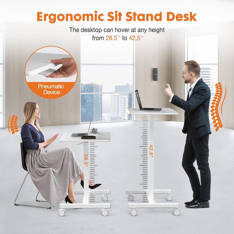 42.5" H Tall Small Standing Desk Mobile Portable Rolling Laptop PC Table Adjustable Height w/ Wheels