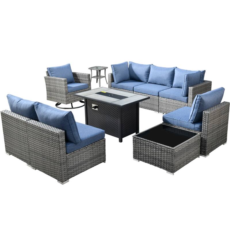 HOOOWOOO 10-piece Wicker Patio Furniture Sectional Sofa Set Swivel Rocker with Fire Pit Table
