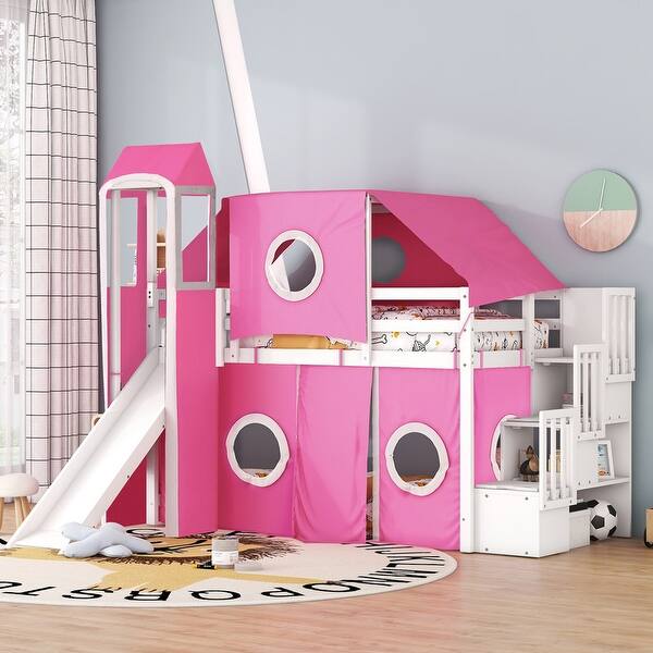 slide 2 of 5, Twin Size Loft Bed with Slide, Tent and Tower
