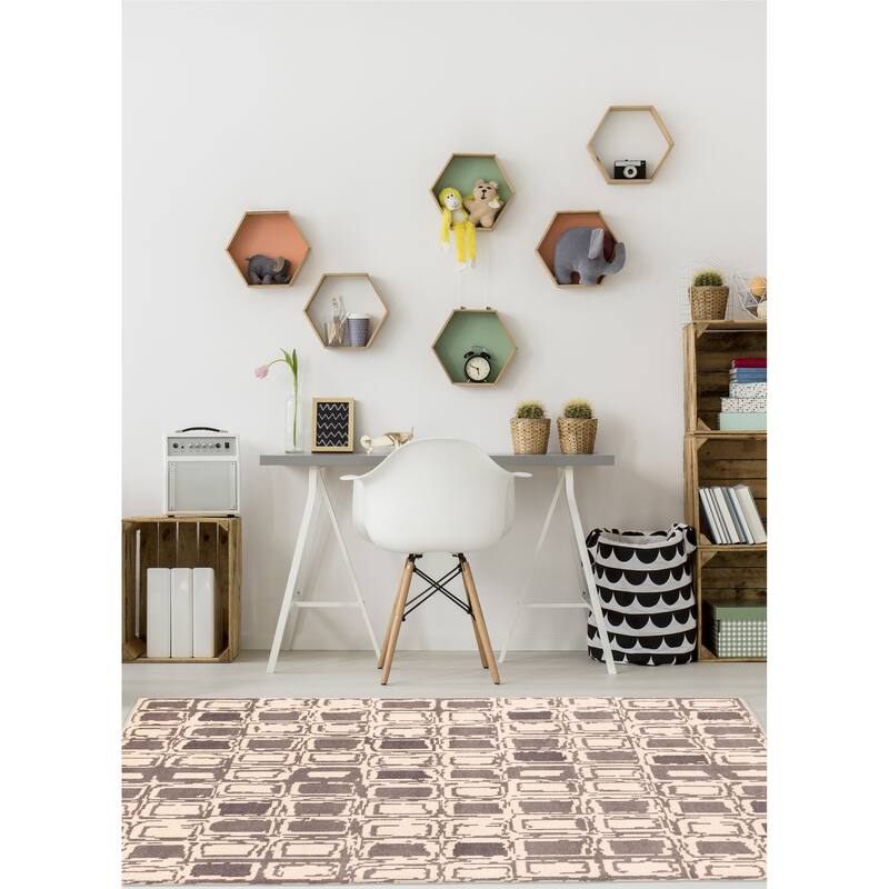 ECARPETGALLERY Hand-knotted Tangier Cream, Dark Grey Wool Rug - 5'3 x 7'10