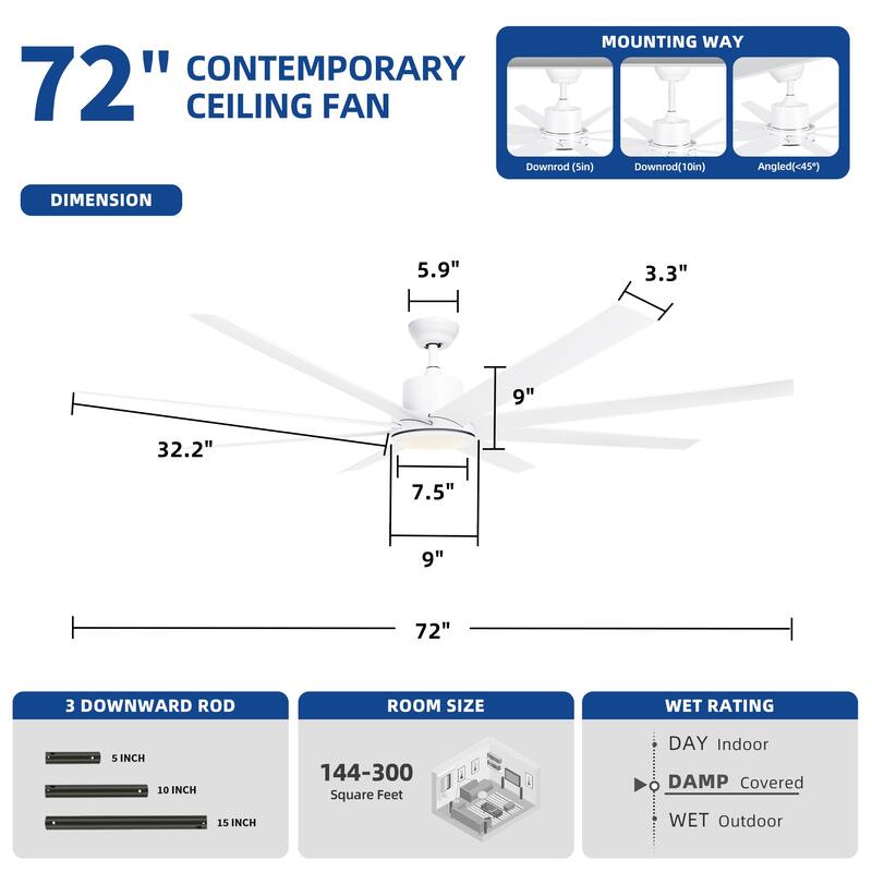 72" 8 Blades Ceiling Fans with Lights and Remote Control