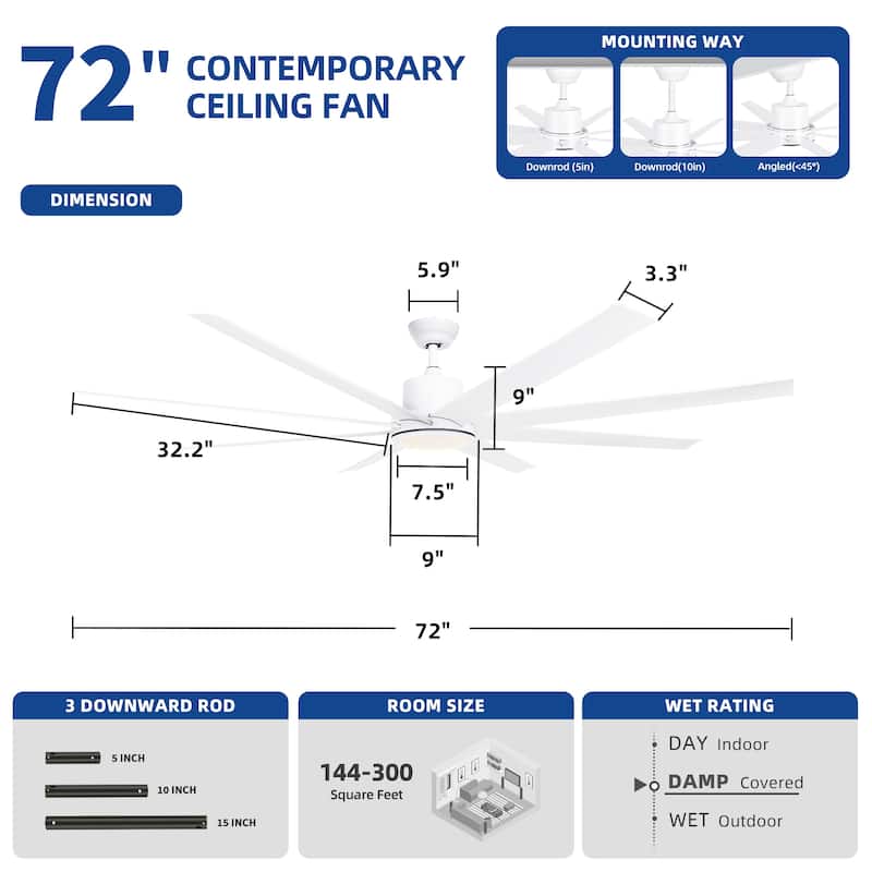 Moasis 72 Inch 8 Blades Ceiling Fans with Lights and Remote Control