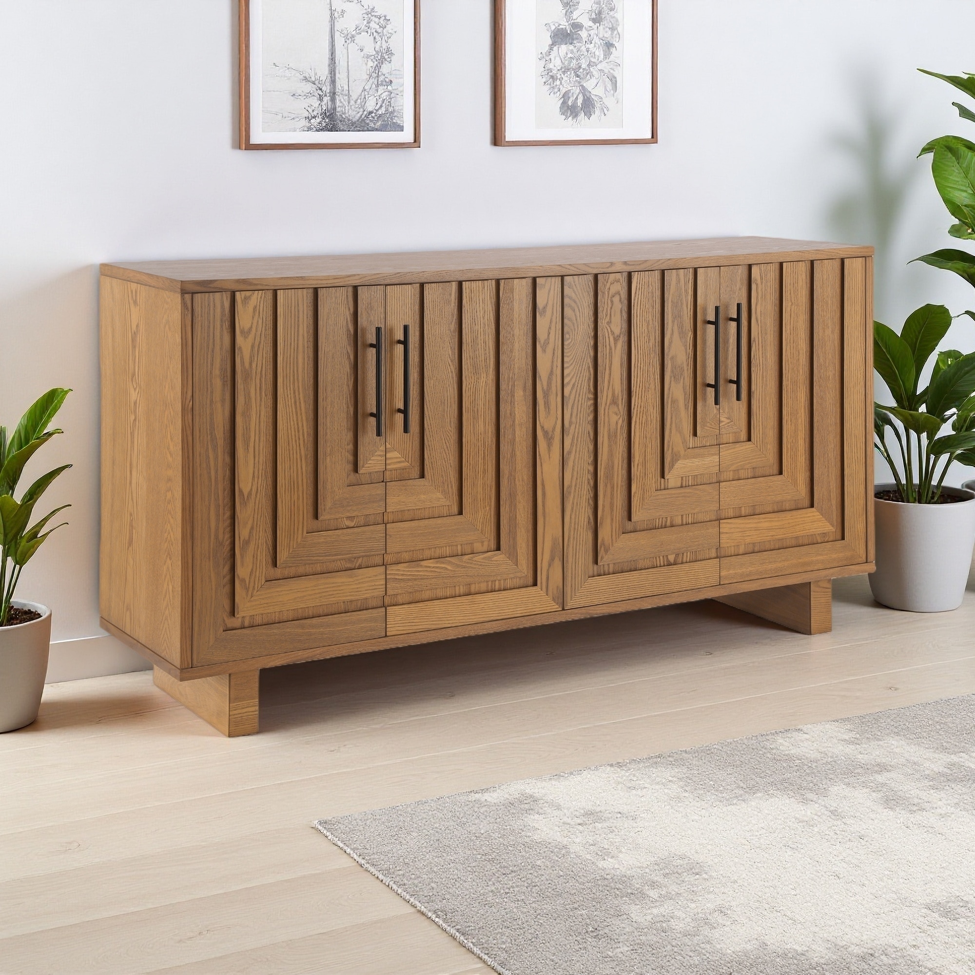 59" MDF Ash Veneer Sideboard Cabinet with 4 Doors and Metal Handles for Dining Room, Living Room, or Entryway