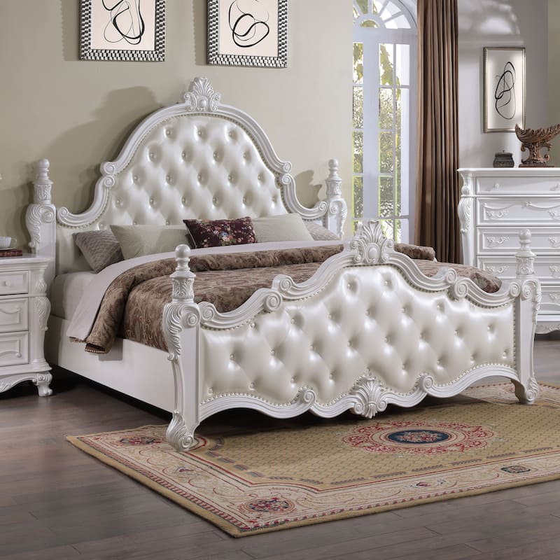 Furniture of America Eugene Traditional Faux Leather Button Tufted Four Poster Panel Bed - White - Queen