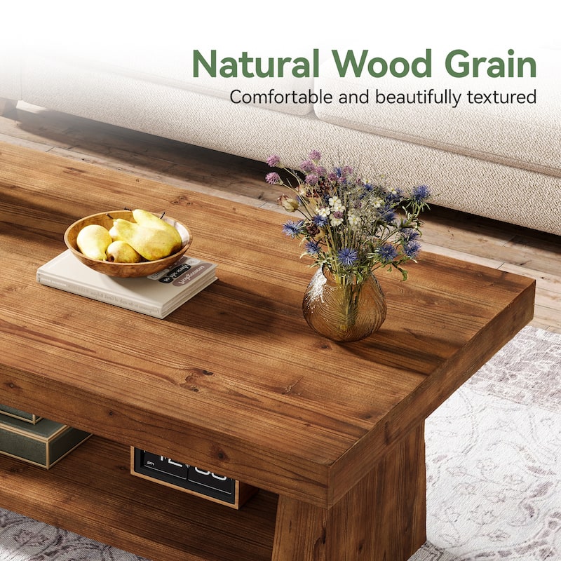 2 Tier Solid Wood Coffee Table for Living Room, 47 Inch Rectangular Center Table with Storage Shelves