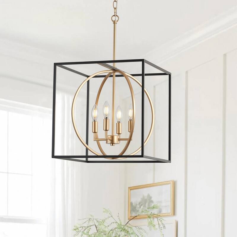 Industrial 4-Light Cube Pendant Chandelier with Matte Black and Gold Finish