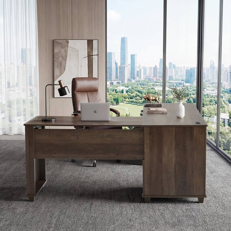 71'' L-Shaped Lift Top Home Office Desk with Storage Drawers ,File Cabinet and Convenient Charging