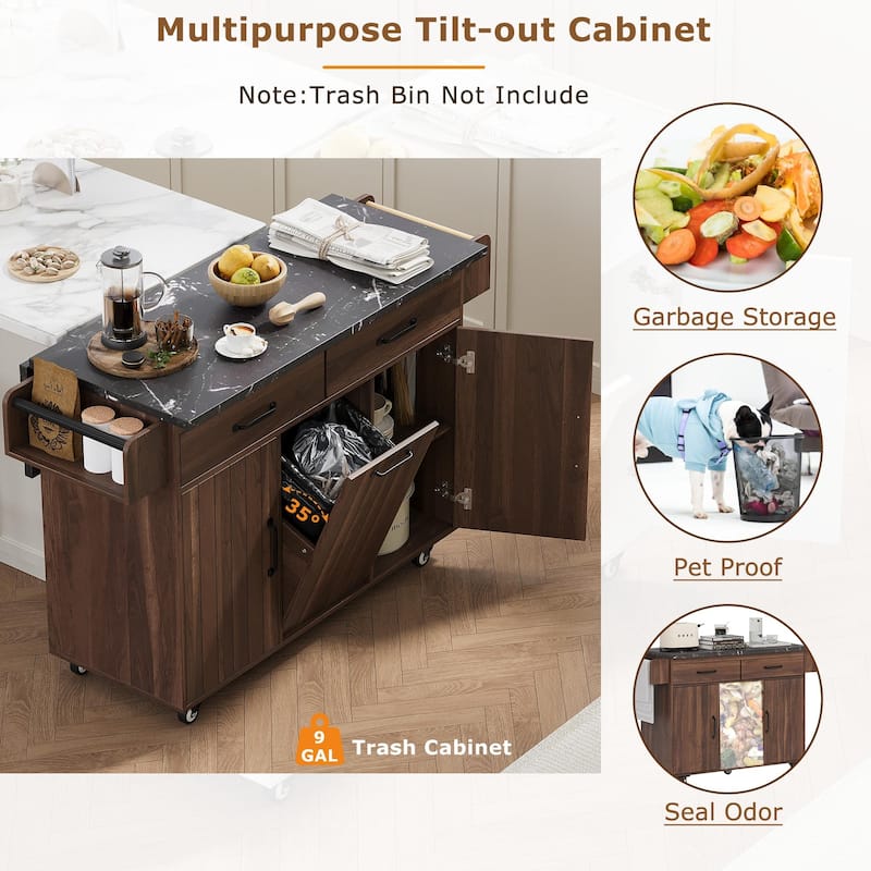 Rolling Kitchen Island with Trash Can Storage Cabinet, Kitchen Cart with Drop Leaf, Spice Rack, Towel Rack and Drawer