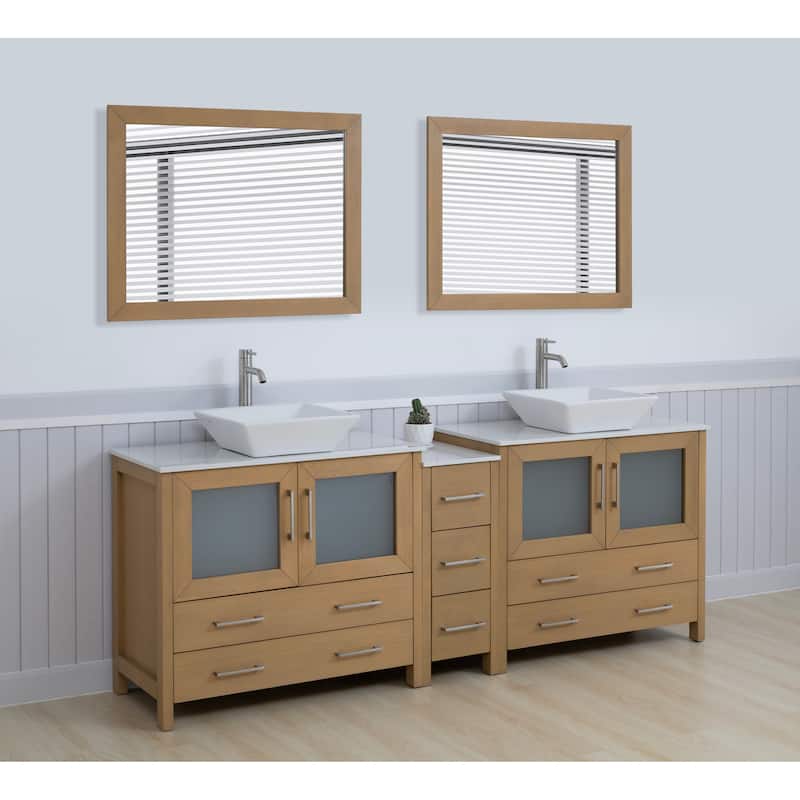 Vanity Art 84" Double Sink Bathroom Vanity Set with Engineered Marble Top and Free Mirrors