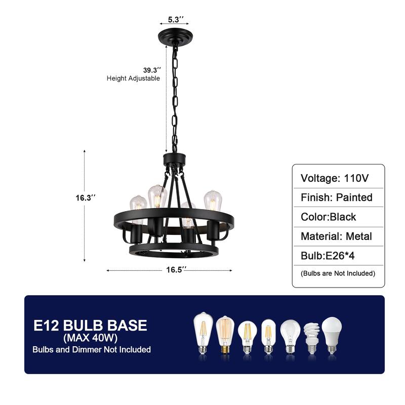 4-Light Plug-in Pendant Lamp, Black Circular Metal Pendant with 39.5 Foot Chain