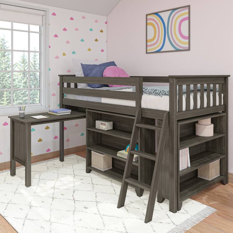 Max and Lily Twin-Size Low Loft with Pull-Out Desk and 3-Shelf Bookcases - Clay