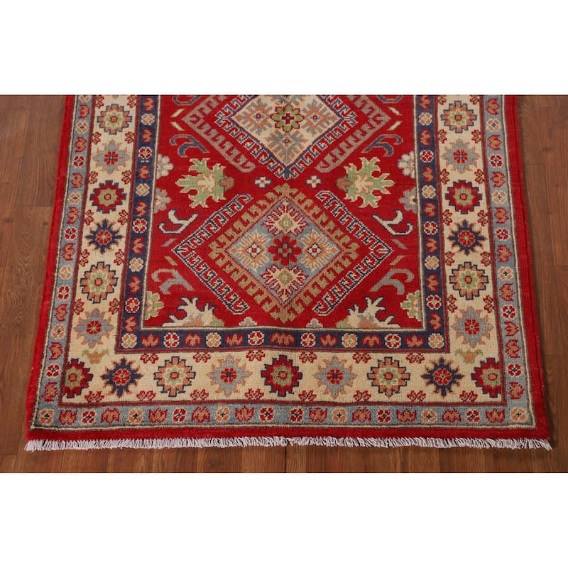 Red Geometric Kazak Foyer Rug Handmade Wool Carpet - 3'4"x 5'0"