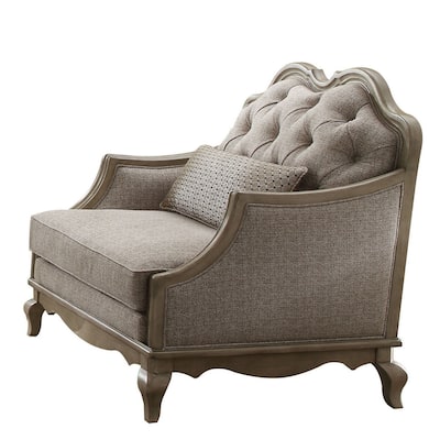 Button Tufted Camel Back Chair with Pillows and Scalloped Trim Arms, Gray