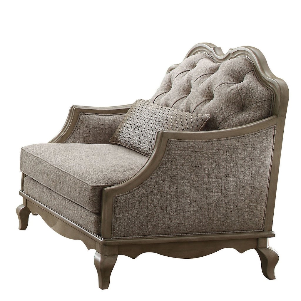 Button Tufted Camel Back Chair with Pillows and Scalloped Trim Arms, Gray