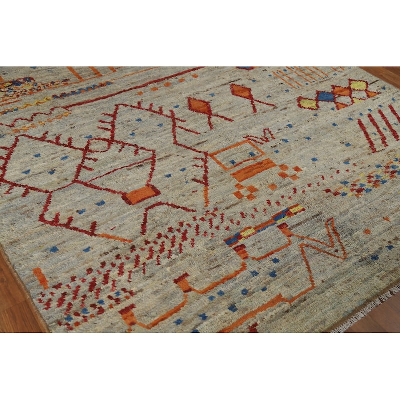 Moroccan Oriental Area Rug Hand-Knotted Grey Wool Carpet - 6'8" x 9'10"