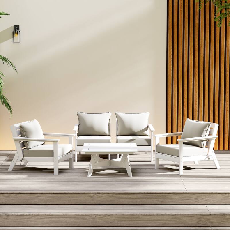 Birchwood All Weather HDPE Outdoor Patio White Deep Seating Conversation Set (5-Piece Set) - White/White