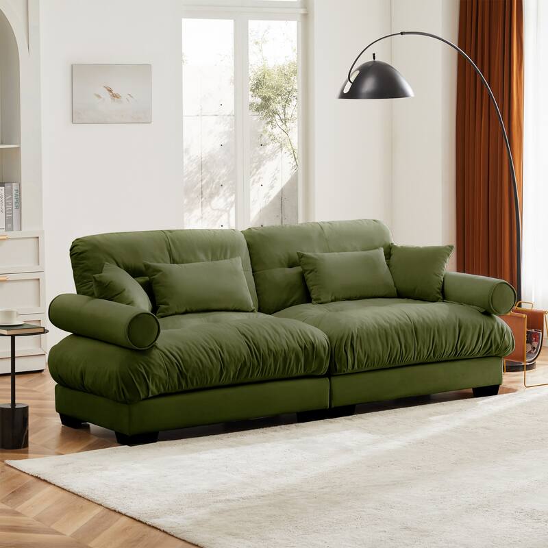 Modern Two-Seater Sofa With Bolstered Armrests,Velvet 2-Seater Sofa With Waist Pillows And Throw Pillows