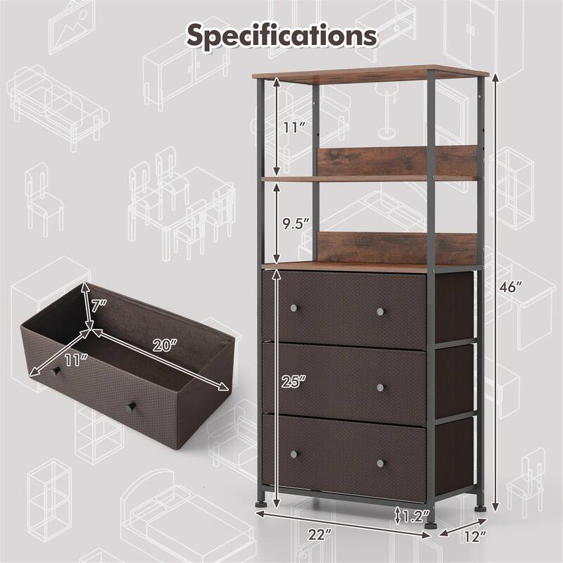 Gymax 3 Drawer Dresser w/ Open Shelves Home Vertical Fabric Storage