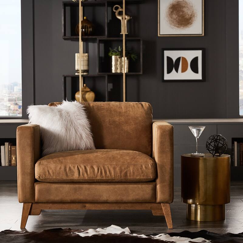 Landon Dark Oak and Tan All Leather Accent Chair by iNSPIRE Q Modern