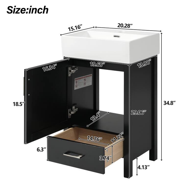 20.28" Black Modern Bathroom Vanity with Ceramic Sink, Solid Wood Frame, and Drawer - Ideal for Small Bathrooms.