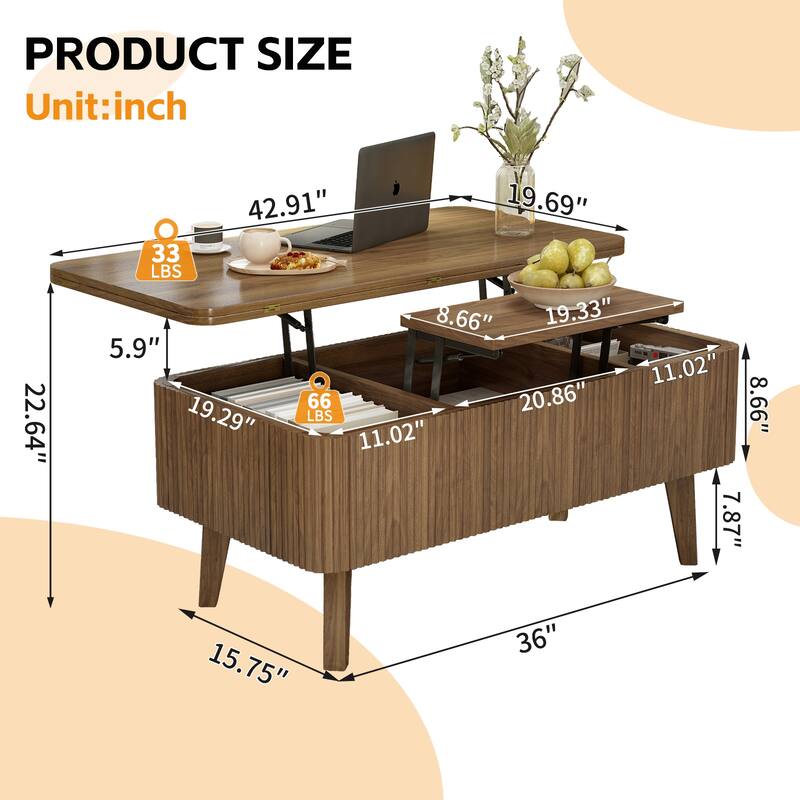 3 in 1 Lift Top Coffee Table, Fluted Convertible Coffee Tables Converts to Dining Tables