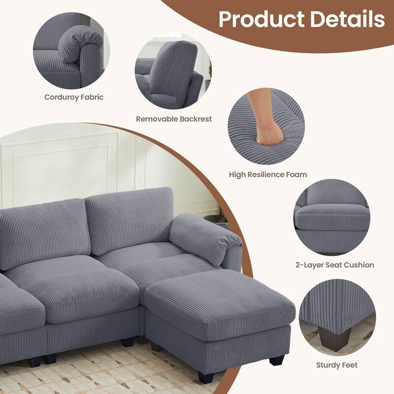 Corduroy Sectional Sofas with 2 Removable Ottomans, U-shaped Symmetrical 6-Seat Modular Couch