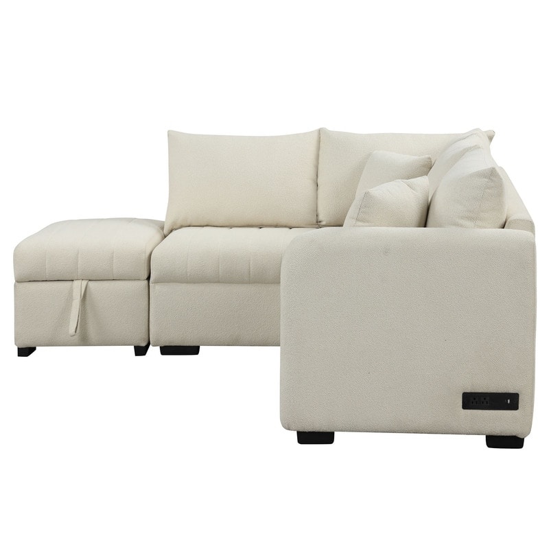 82.6" L-shaped Sectional Pull Out Sofa Bed Sleeper Sofa with Two USB Ports, Two Power Sockets and a Movable Storage Ottoman