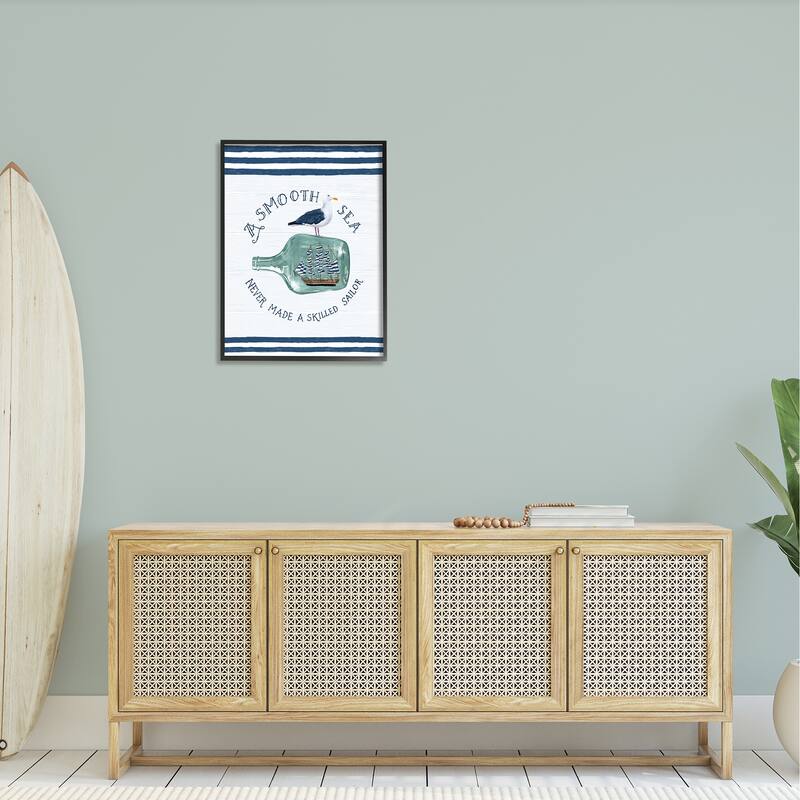 Stupell Ship In Bottle Seagull Striped Nautical Phrase Framed Wall Art, Design by Raquel Maciel - Blue